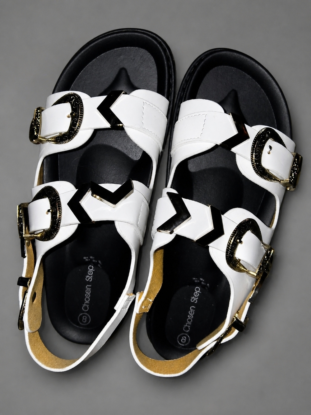 White Sandals Women Gold Accents Buckle - Picture 3 of 5